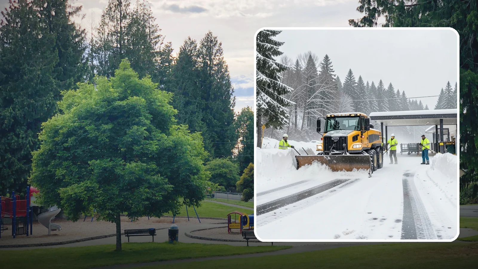 Grocery Store Snow Plowing in Bonney Lake, Pierce County, WA - We plow grocery lots, cart corrals, and entrances around store hours so shoppers reach the doors with carts in hand.