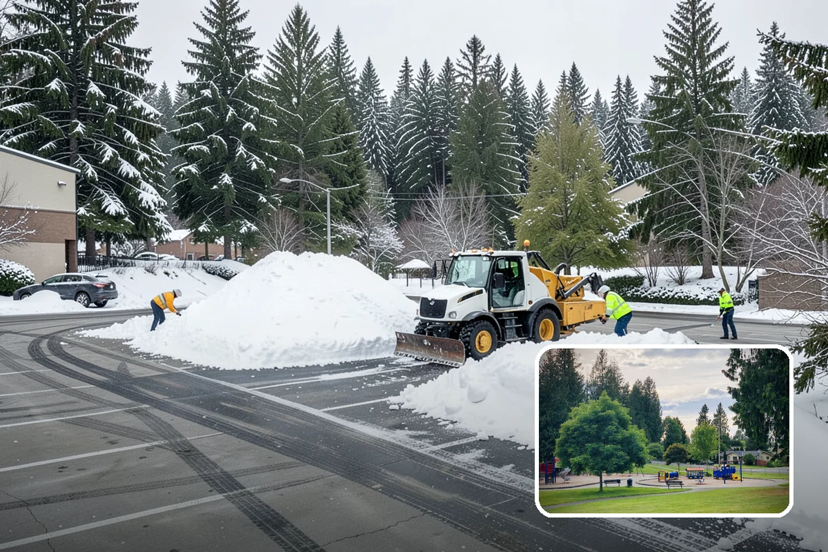 Grocery Store Snow Plowing in Bonney Lake, Pierce County, WA - Customer lot and cart corrals cleared through store hours