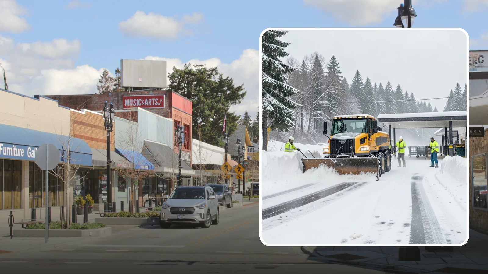 Grocery Store Snow Plowing in Bothell, King County, WA - We plow grocery lots, cart corrals, and entrances around store hours so shoppers reach the doors with carts in hand.