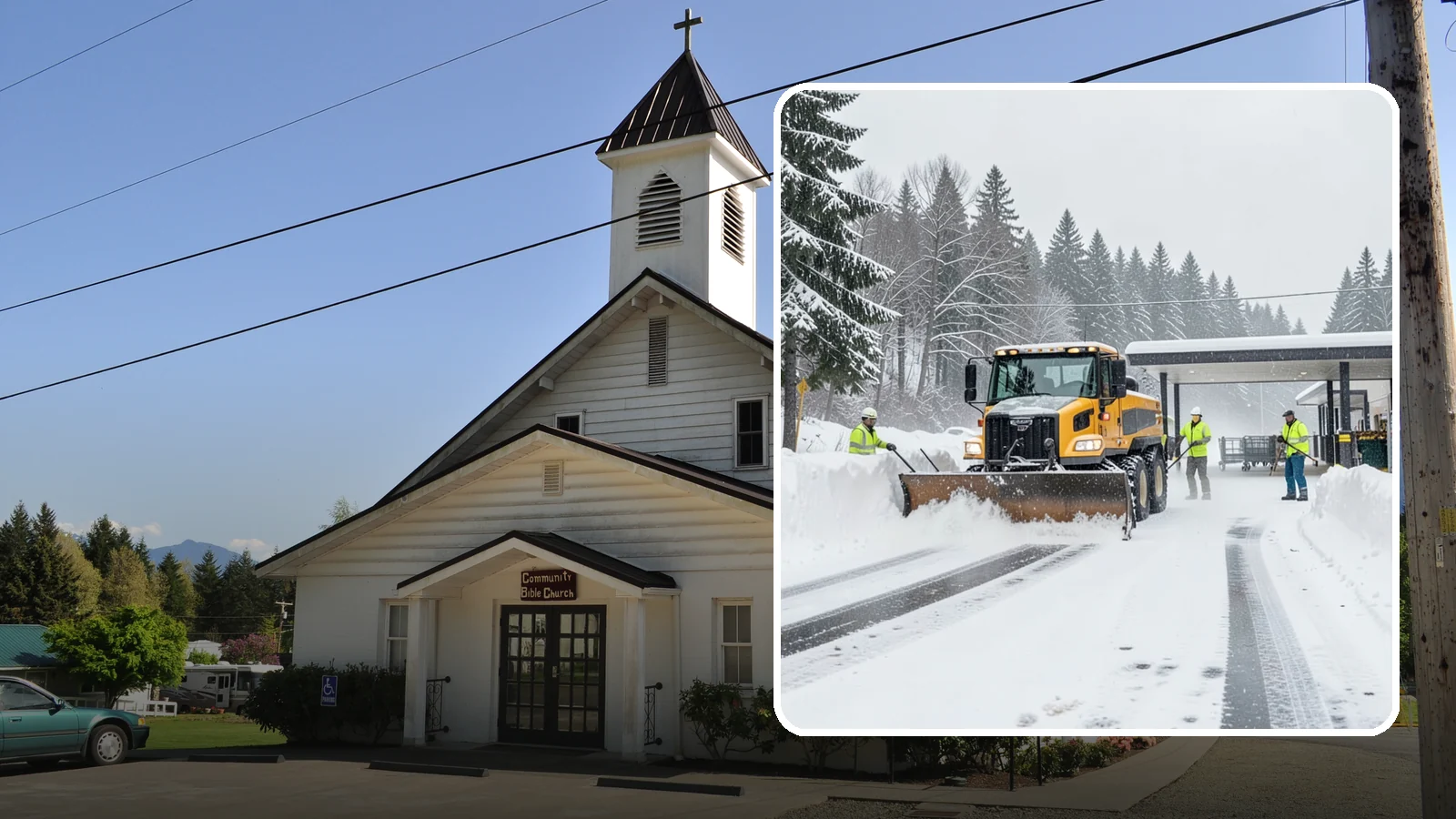 Grocery Store Snow Plowing in Concrete, Skagit County, WA - We plow grocery lots, cart corrals, and entrances around store hours so shoppers reach the doors with carts in hand.