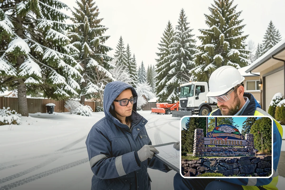 Grocery Store Snow Plowing in Eatonville, Pierce County, WA - Customer lot and cart corrals cleared through store hours