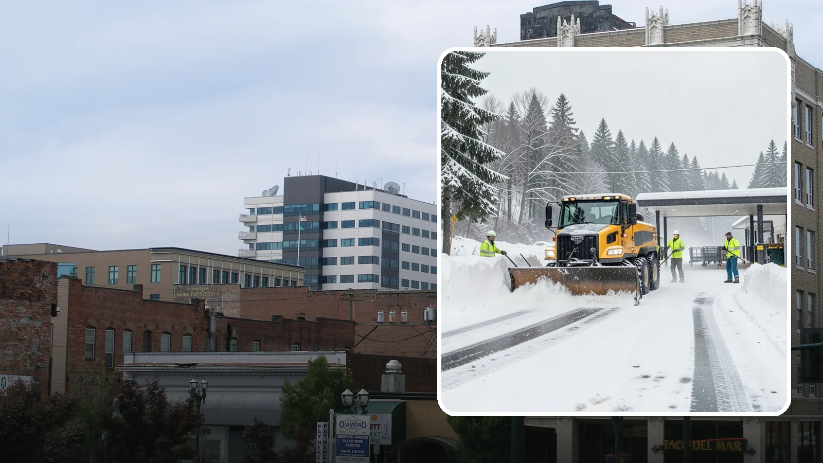 Grocery Store Snow Plowing in Everett, Snohomish County, WA - We plow grocery lots, cart corrals, and entrances around store hours so shoppers reach the doors with carts in hand.