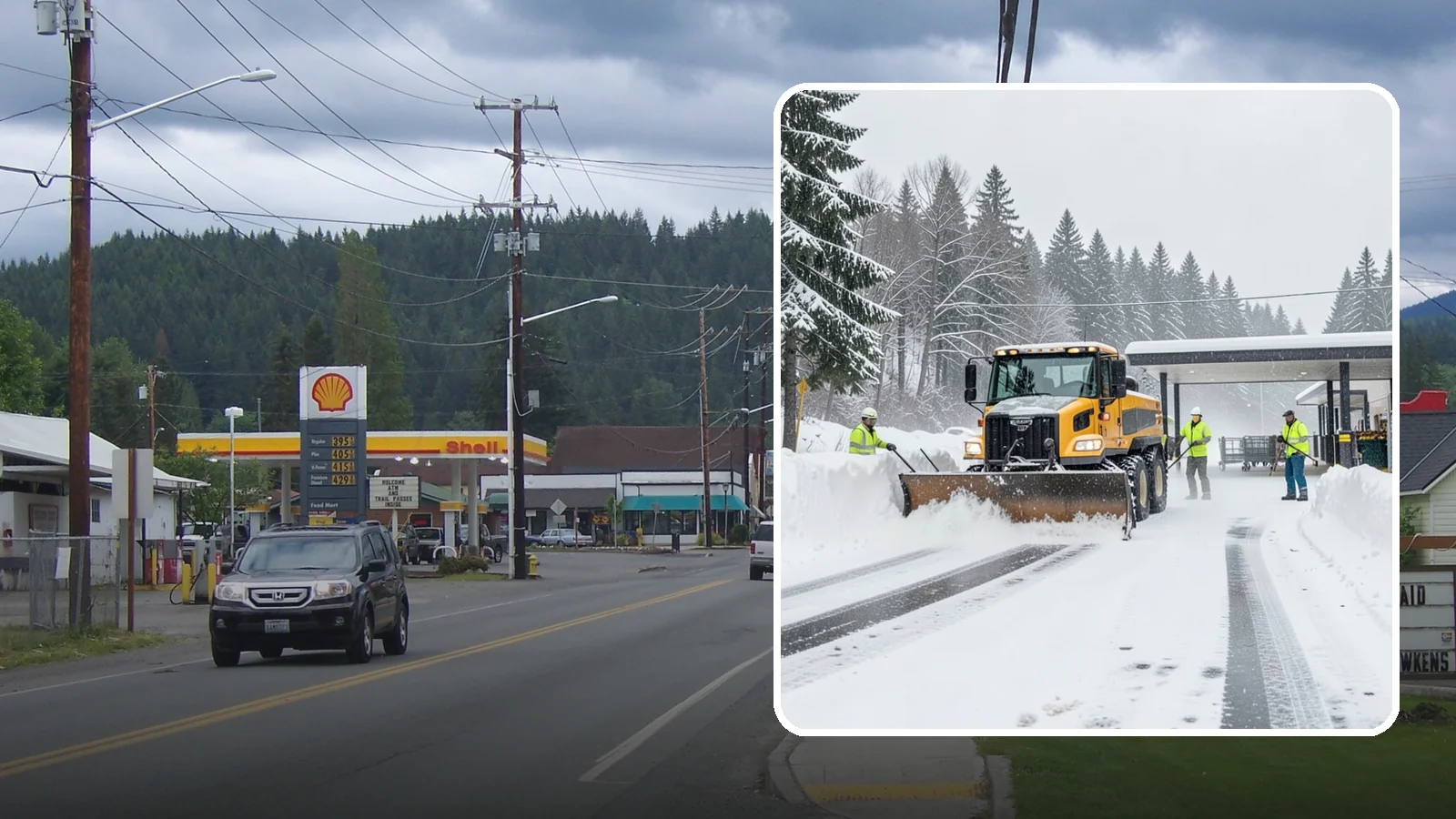Grocery Store Snow Plowing in Granite Falls, Snohomish County, WA - We plow grocery lots, cart corrals, and entrances around store hours so shoppers reach the doors with carts in hand.