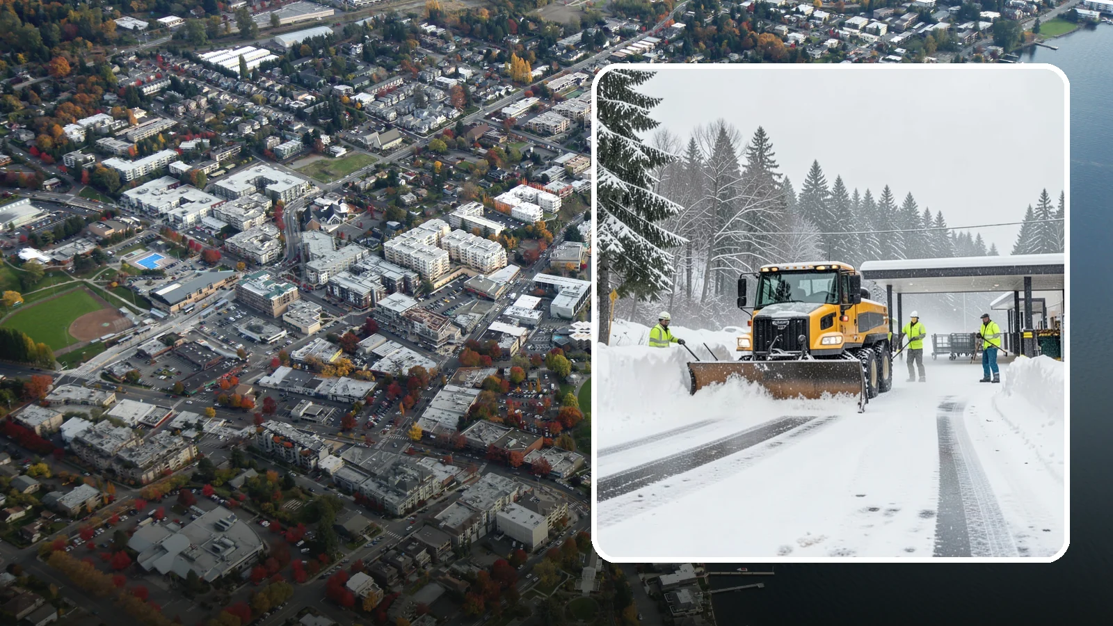 Grocery Store Snow Plowing in Kirkland, King County, WA - We plow grocery lots, cart corrals, and entrances around store hours so shoppers reach the doors with carts in hand.
