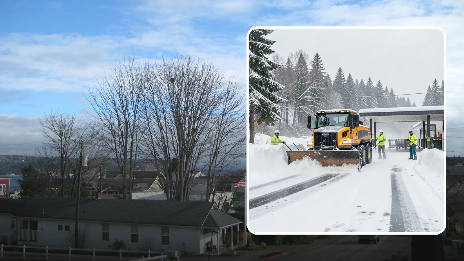 Grocery Store Snow Plowing in Langley, Island County, WA - We plow grocery lots, cart corrals, and entrances around store hours so shoppers reach the doors with carts in hand.
