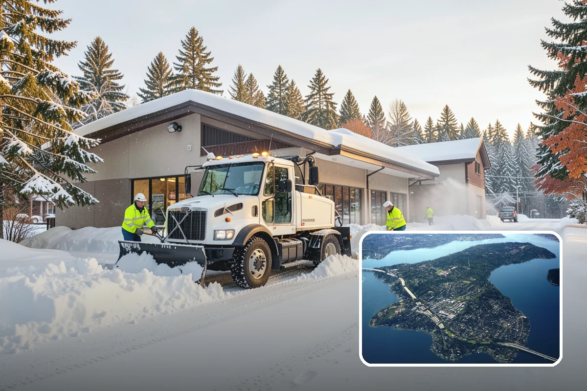Grocery Store Snow Plowing in Mercer Island, King County, WA - Customer lot and cart corrals cleared through store hours