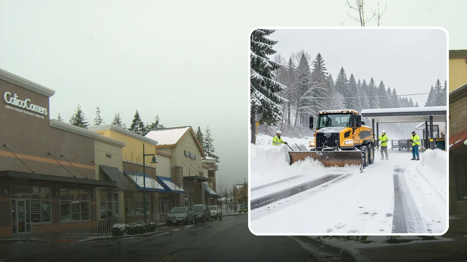 Grocery Store Snow Plowing in Mill Creek, Snohomish County, WA - We plow grocery lots, cart corrals, and entrances around store hours so shoppers reach the doors with carts in hand.
