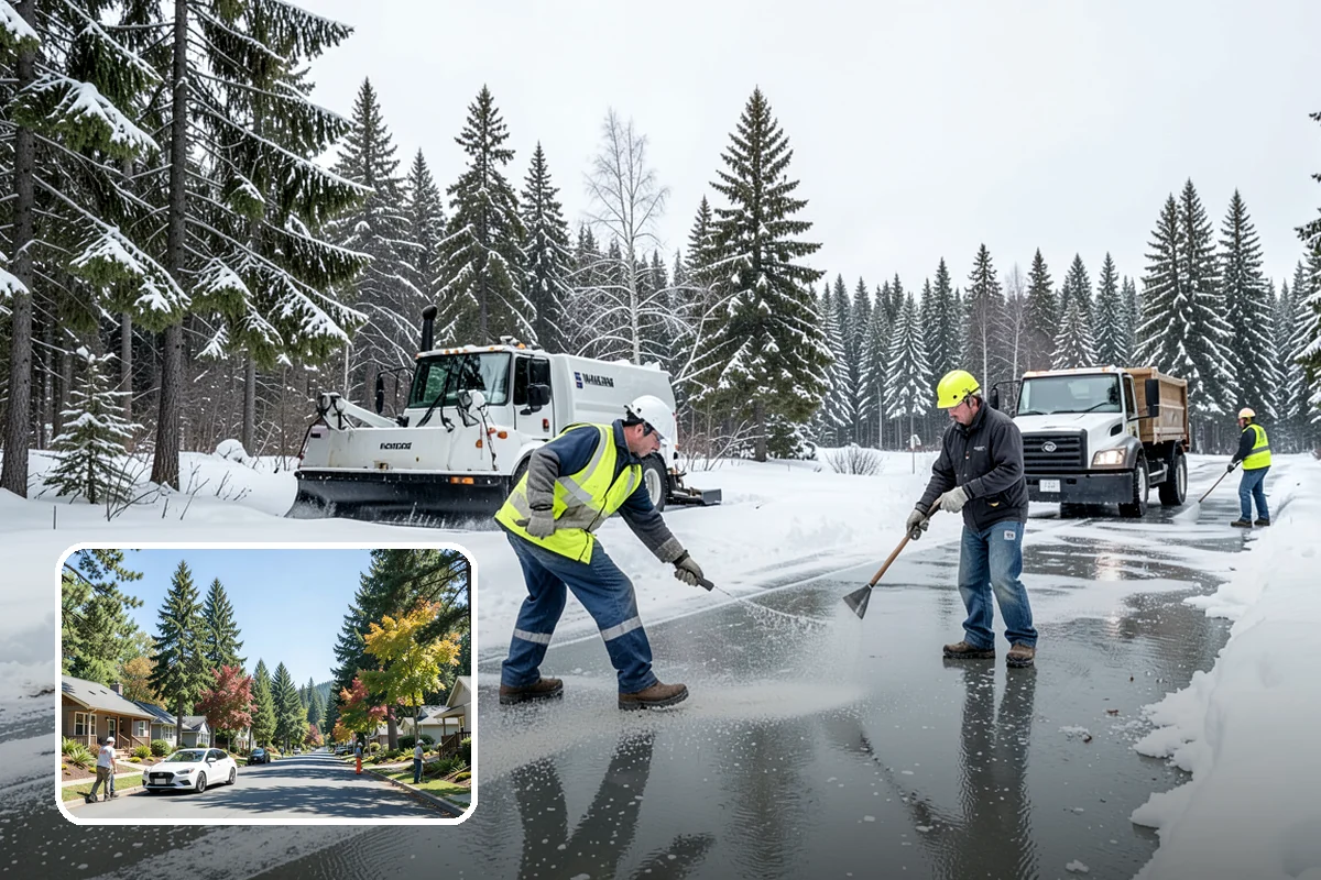 Grocery Store Snow Plowing in Orting, Pierce County, WA - Customer lot and cart corrals cleared through store hours