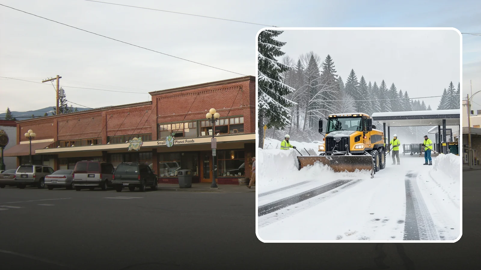 Grocery Store Snow Plowing in Sedro-Woolley, Skagit County, WA - We plow grocery lots, cart corrals, and entrances around store hours so shoppers reach the doors with carts in hand.