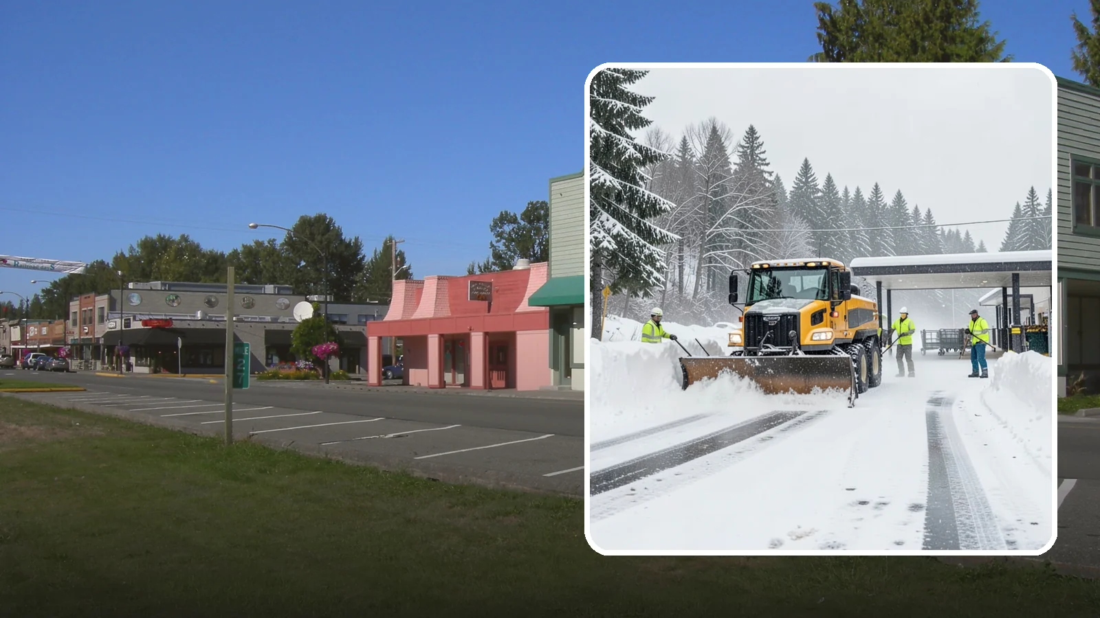 Grocery Store Snow Plowing in Snoqualmie, King County, WA - We plow grocery lots, cart corrals, and entrances around store hours so shoppers reach the doors with carts in hand.