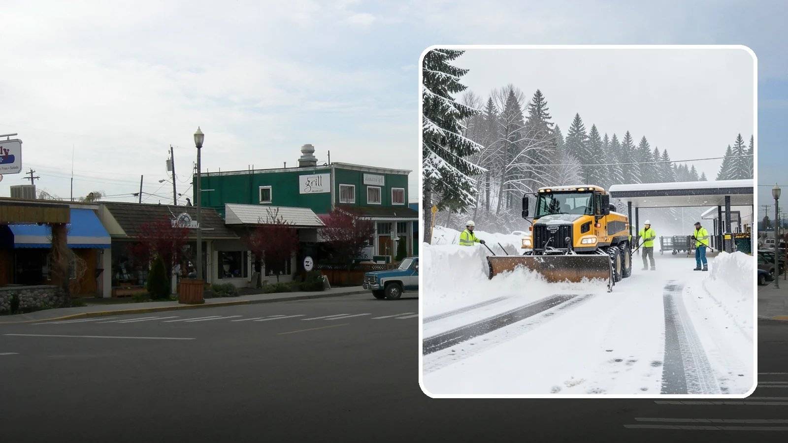 Grocery Store Snow Plowing in Stanwood, Snohomish County, WA - We plow grocery lots, cart corrals, and entrances around store hours so shoppers reach the doors with carts in hand.