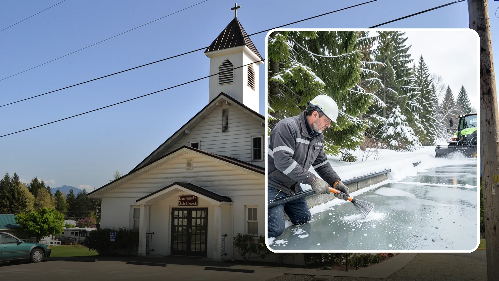Gutter Heat Cable Installation in Concrete, Skagit County, WA - We install heat cable in gutters and downspouts to keep meltwater flowing through freezing weather.