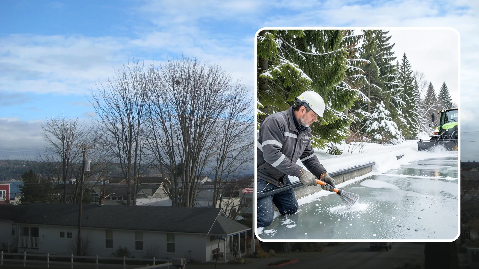 Gutter Heat Cable Installation in Langley, Island County, WA - We install heat cable in gutters and downspouts to keep meltwater flowing through freezing weather.