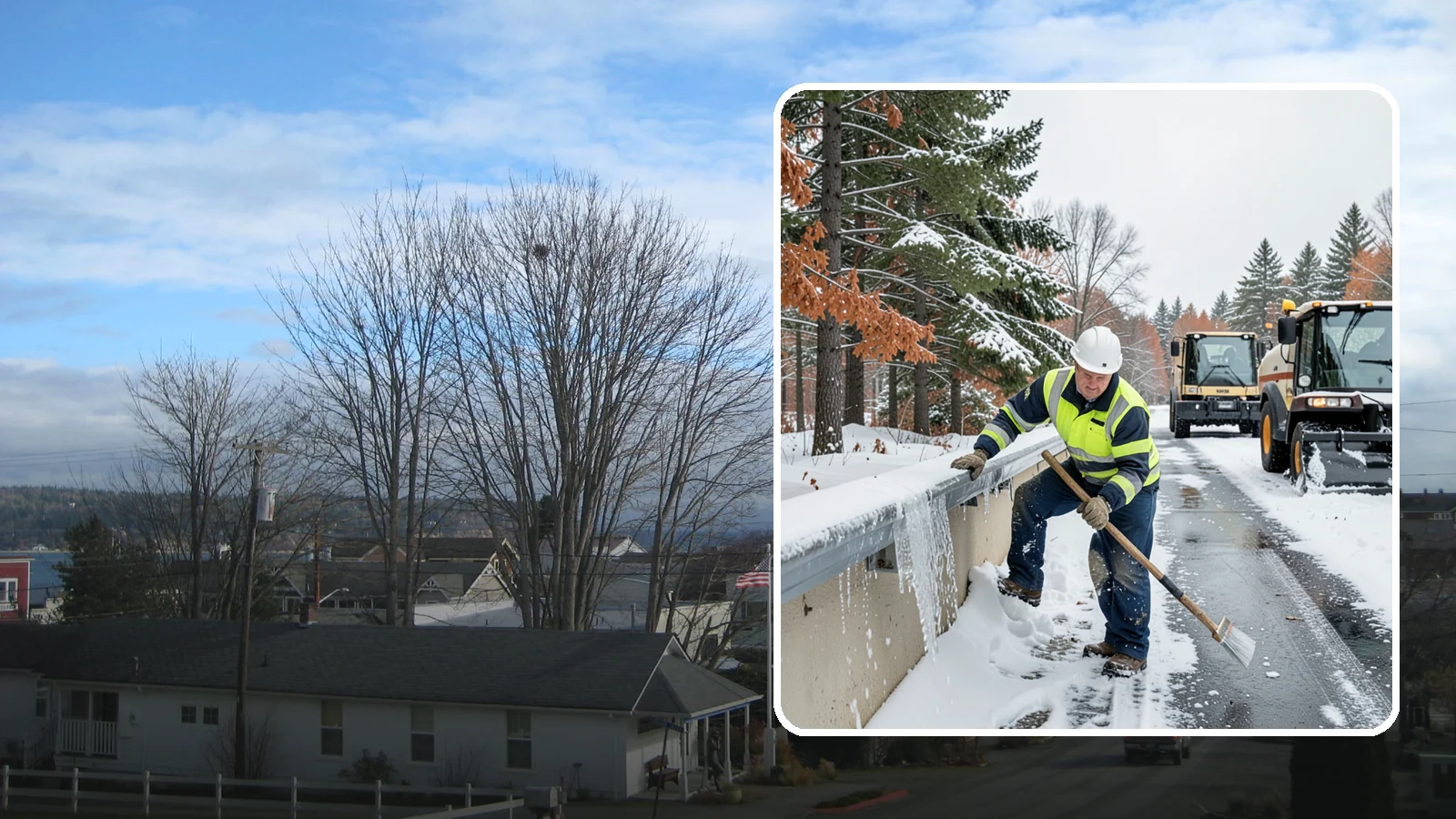 Gutter Ice Removal in Langley, Island County, WA - We clear ice from gutters and downspouts so meltwater can drain instead of backing up.