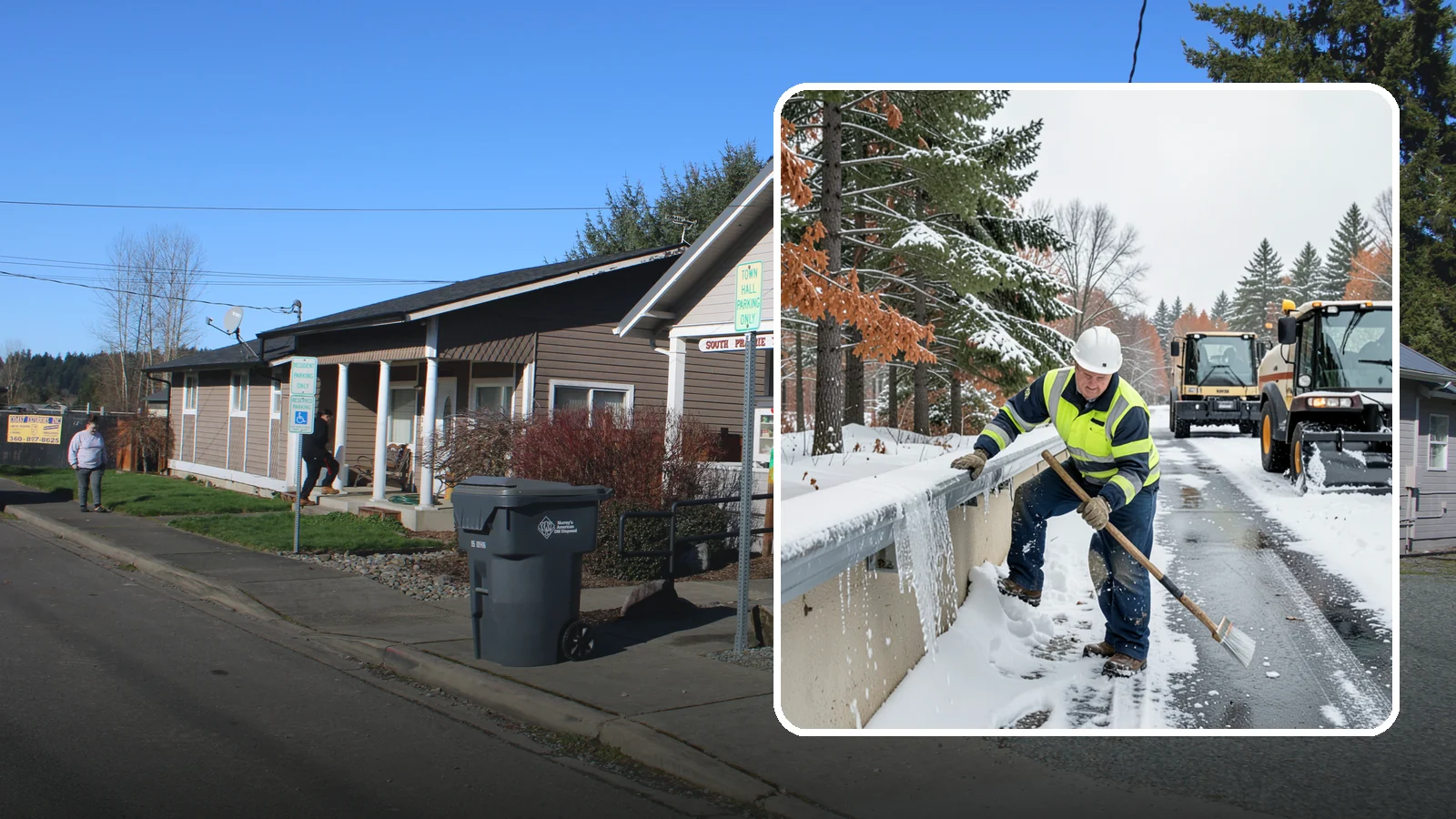 Gutter Ice Removal in South Prairie, Pierce County, WA - We clear ice from gutters and downspouts so meltwater can drain instead of backing up.