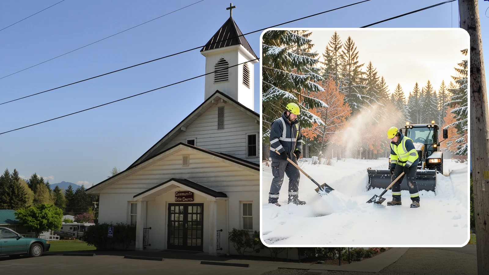 Hand Snow Removal in Concrete, Skagit County, WA - We remove snow entirely by hand on properties where equipment cannot go or finishes must be preserved.