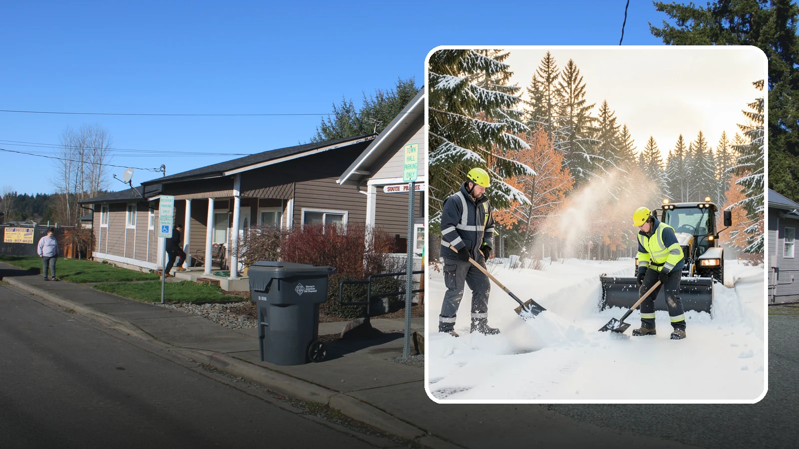 Hand Snow Removal in South Prairie, Pierce County, WA - We remove snow entirely by hand on properties where equipment cannot go or finishes must be preserved.