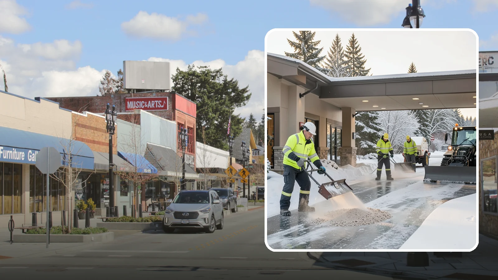 Hotel Deicing in Bothell, King County, WA - Deicing for hotels that keeps porte-cocheres, guest entrances, and walkways pristine so arriving travelers step onto safe, dry...