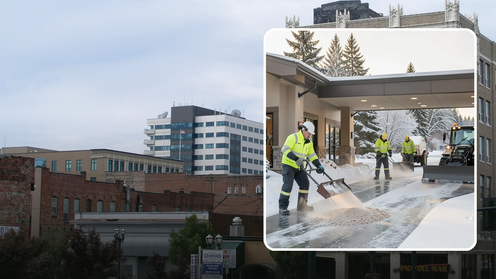 Hotel Deicing in Everett, Snohomish County, WA - Deicing for hotels that keeps porte-cocheres, guest entrances, and walkways pristine so arriving travelers step onto safe, dry...