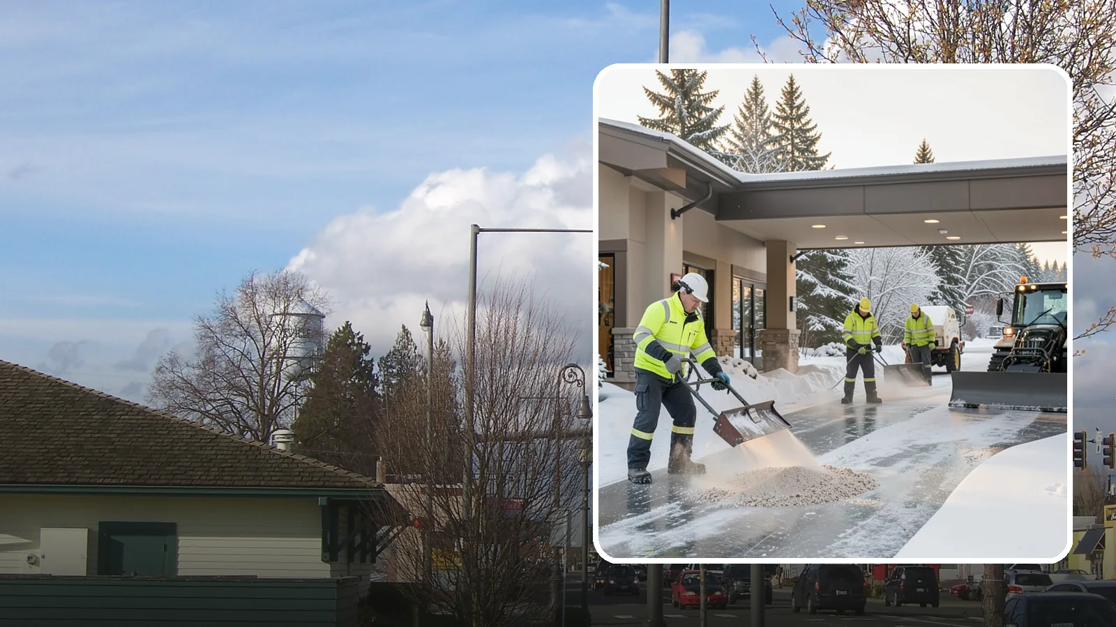 Hotel Deicing in Marysville, Snohomish County, WA - Deicing for hotels that keeps porte-cocheres, guest entrances, and walkways pristine so arriving travelers step onto safe, dry...