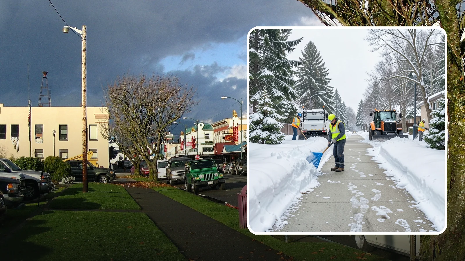 Hotel Sidewalk Clearing in Arlington, Snohomish County, WA - Guest-entrance sidewalk clearing for Western Washington hotels, keeping arrival walks, luggage paths, and side entries clear...