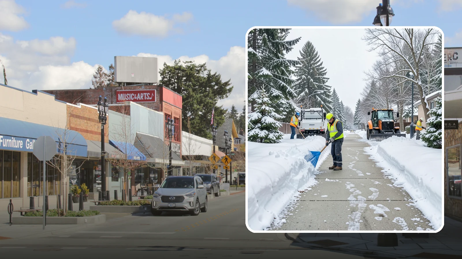 Hotel Sidewalk Clearing in Bothell, King County, WA - Guest-entrance sidewalk clearing for Western Washington hotels, keeping arrival walks, luggage paths, and side entries clear...