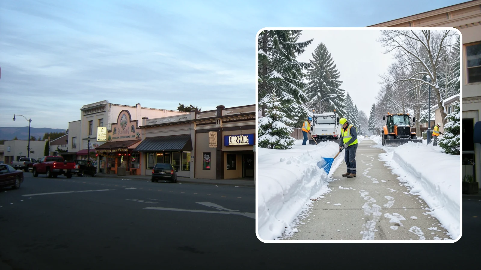 Hotel Sidewalk Clearing in Burlington, Skagit County, WA - Guest-entrance sidewalk clearing for Western Washington hotels, keeping arrival walks, luggage paths, and side entries clear...