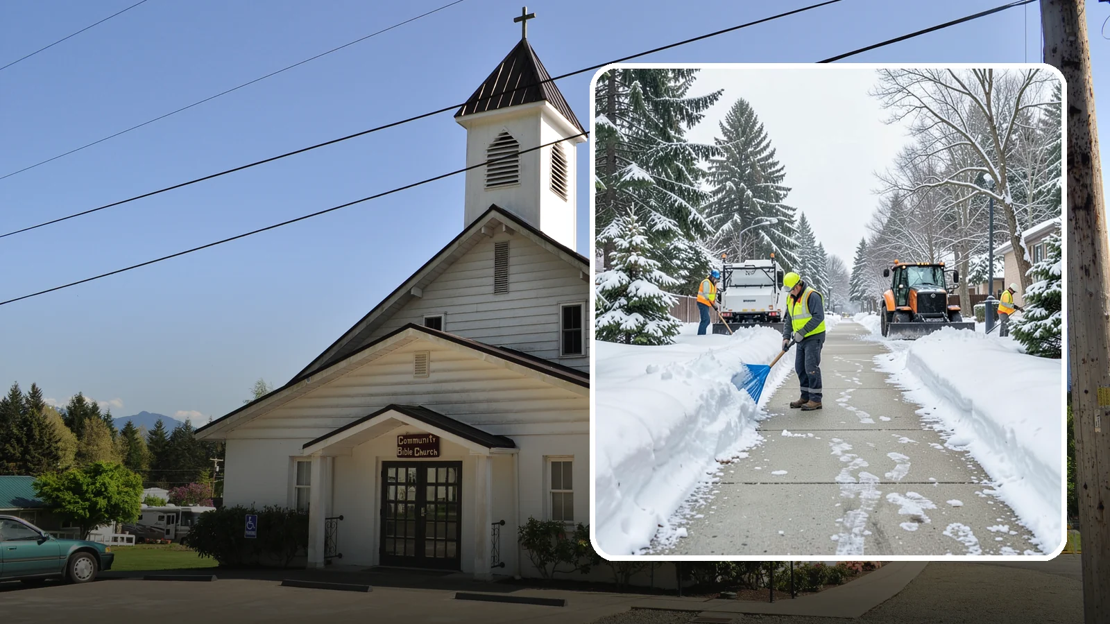 Hotel Sidewalk Clearing in Concrete, Skagit County, WA - Guest-entrance sidewalk clearing for Western Washington hotels, keeping arrival walks, luggage paths, and side entries clear...