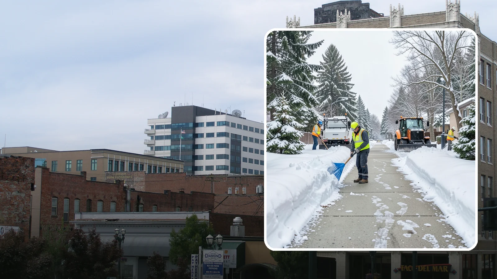 Hotel Sidewalk Clearing in Everett, Snohomish County, WA - Guest-entrance sidewalk clearing for Western Washington hotels, keeping arrival walks, luggage paths, and side entries clear...