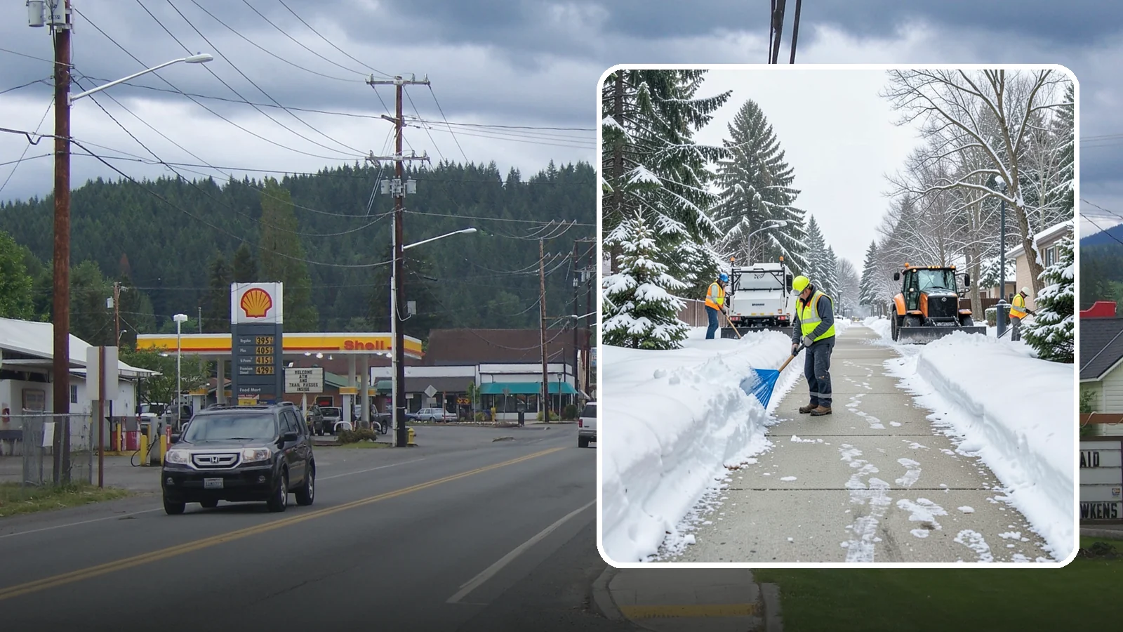 Hotel Sidewalk Clearing in Granite Falls, Snohomish County, WA - Guest-entrance sidewalk clearing for Western Washington hotels, keeping arrival walks, luggage paths, and side entries clear...