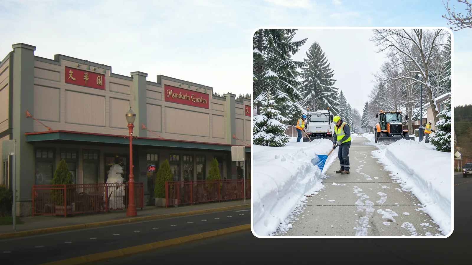 Hotel Sidewalk Clearing in Issaquah, King County, WA - Guest-entrance sidewalk clearing for Western Washington hotels, keeping arrival walks, luggage paths, and side entries clear...