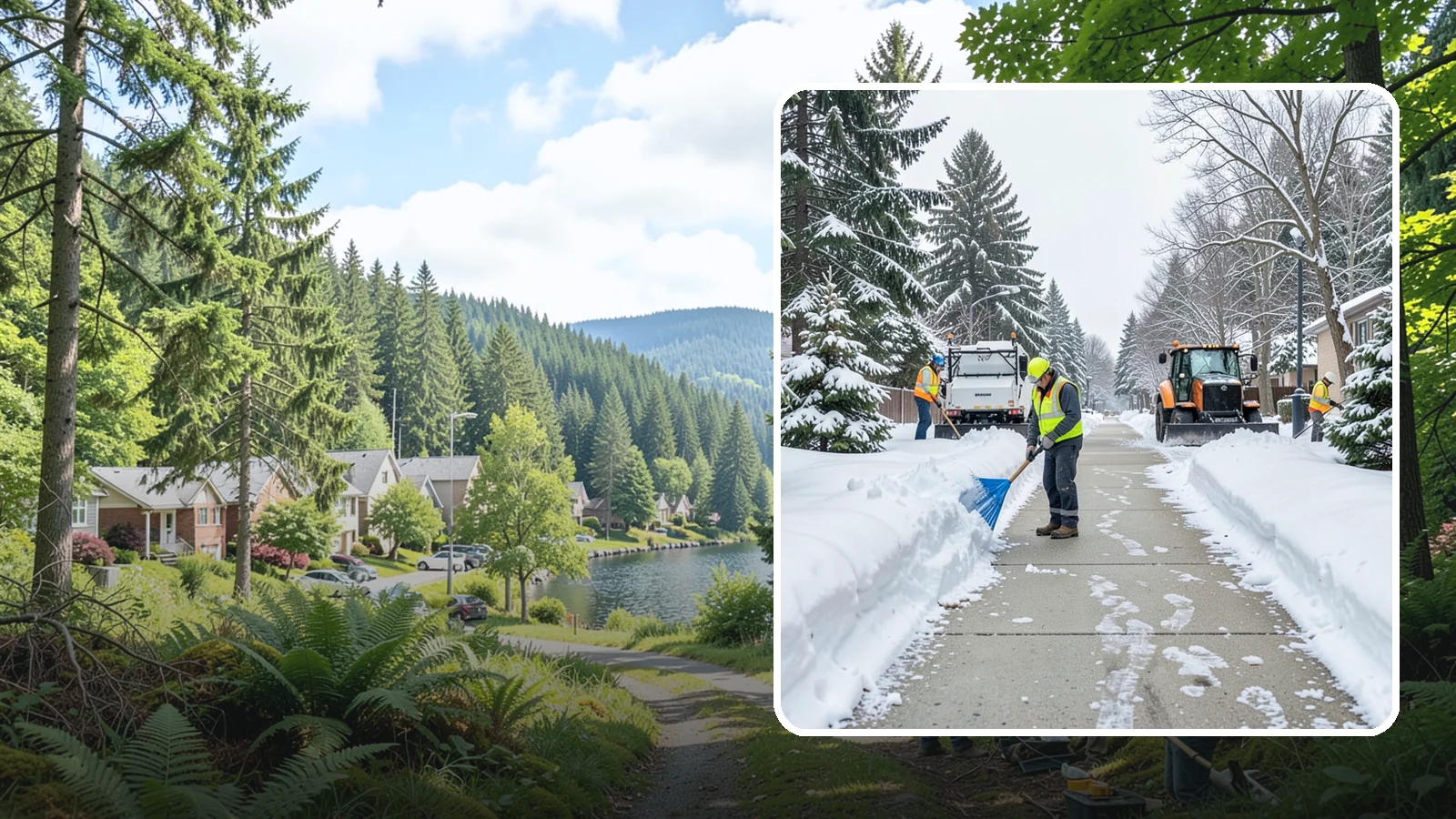 Hotel Sidewalk Clearing in Lake Forest Park, King County, WA - Guest-entrance sidewalk clearing for Western Washington hotels, keeping arrival walks, luggage paths, and side entries clear...