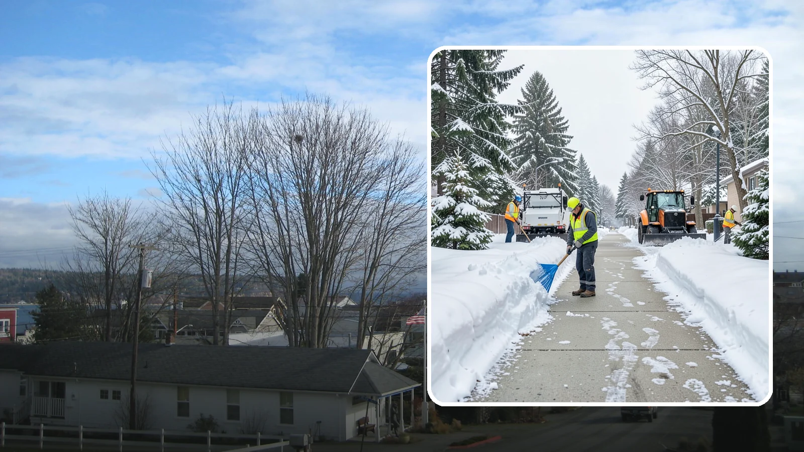 Hotel Sidewalk Clearing in Langley, Island County, WA - Guest-entrance sidewalk clearing for Western Washington hotels, keeping arrival walks, luggage paths, and side entries clear...