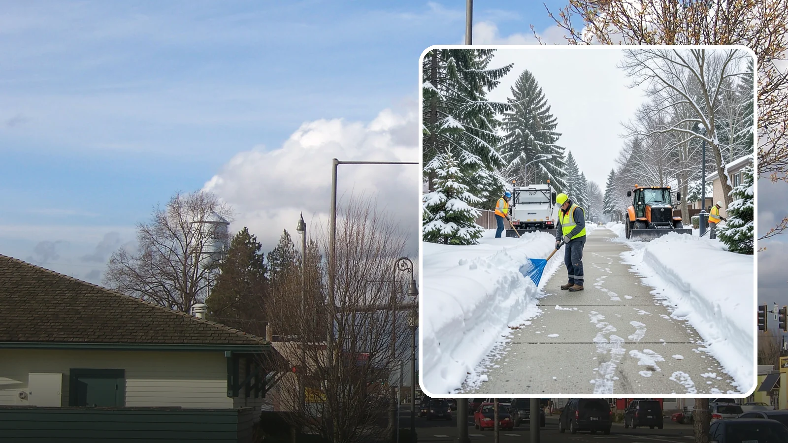 Hotel Sidewalk Clearing in Marysville, Snohomish County, WA - Guest-entrance sidewalk clearing for Western Washington hotels, keeping arrival walks, luggage paths, and side entries clear...