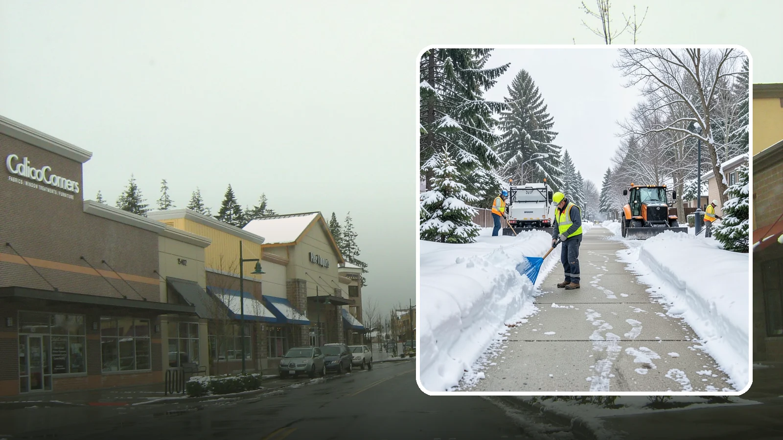 Hotel Sidewalk Clearing in Mill Creek, Snohomish County, WA - Guest-entrance sidewalk clearing for Western Washington hotels, keeping arrival walks, luggage paths, and side entries clear...