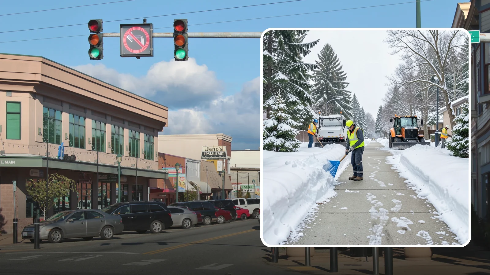 Hotel Sidewalk Clearing in Monroe, Snohomish County, WA - Guest-entrance sidewalk clearing for Western Washington hotels, keeping arrival walks, luggage paths, and side entries clear...