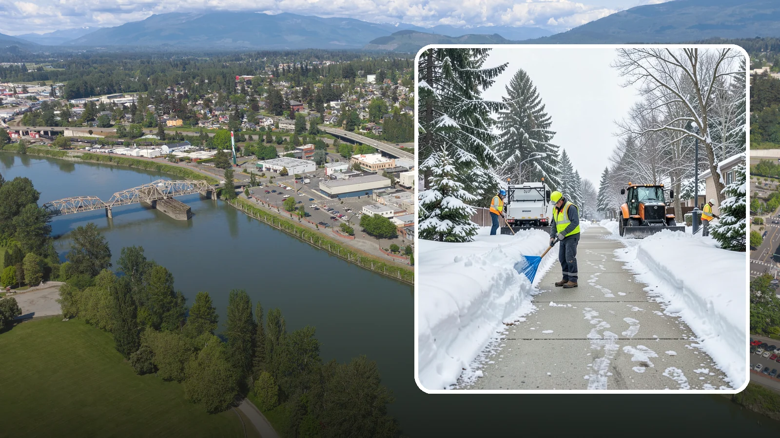 Hotel Sidewalk Clearing in Mount Vernon, Skagit County, WA - Guest-entrance sidewalk clearing for Western Washington hotels, keeping arrival walks, luggage paths, and side entries clear...
