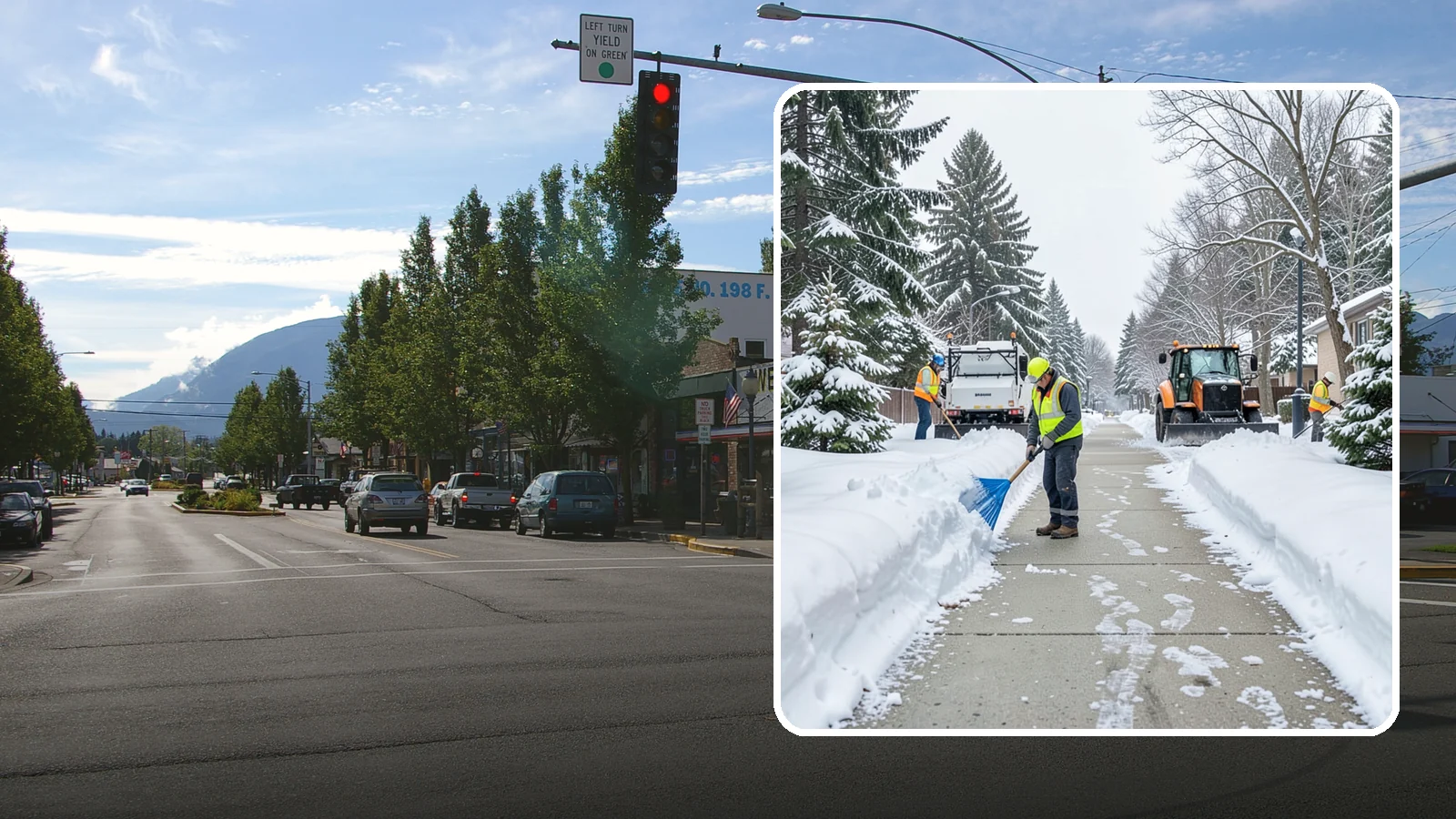 Hotel Sidewalk Clearing in North Bend, King County, WA - Guest-entrance sidewalk clearing for Western Washington hotels, keeping arrival walks, luggage paths, and side entries clear...