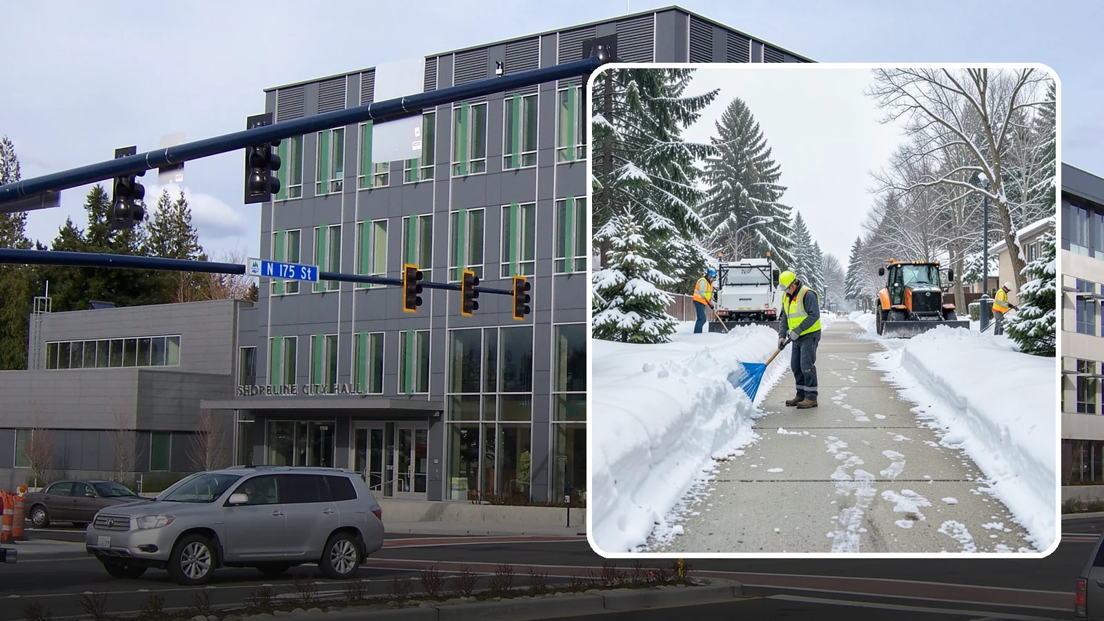 Hotel Sidewalk Clearing in Shoreline, King County, WA - Guest-entrance sidewalk clearing for Western Washington hotels, keeping arrival walks, luggage paths, and side entries clear...