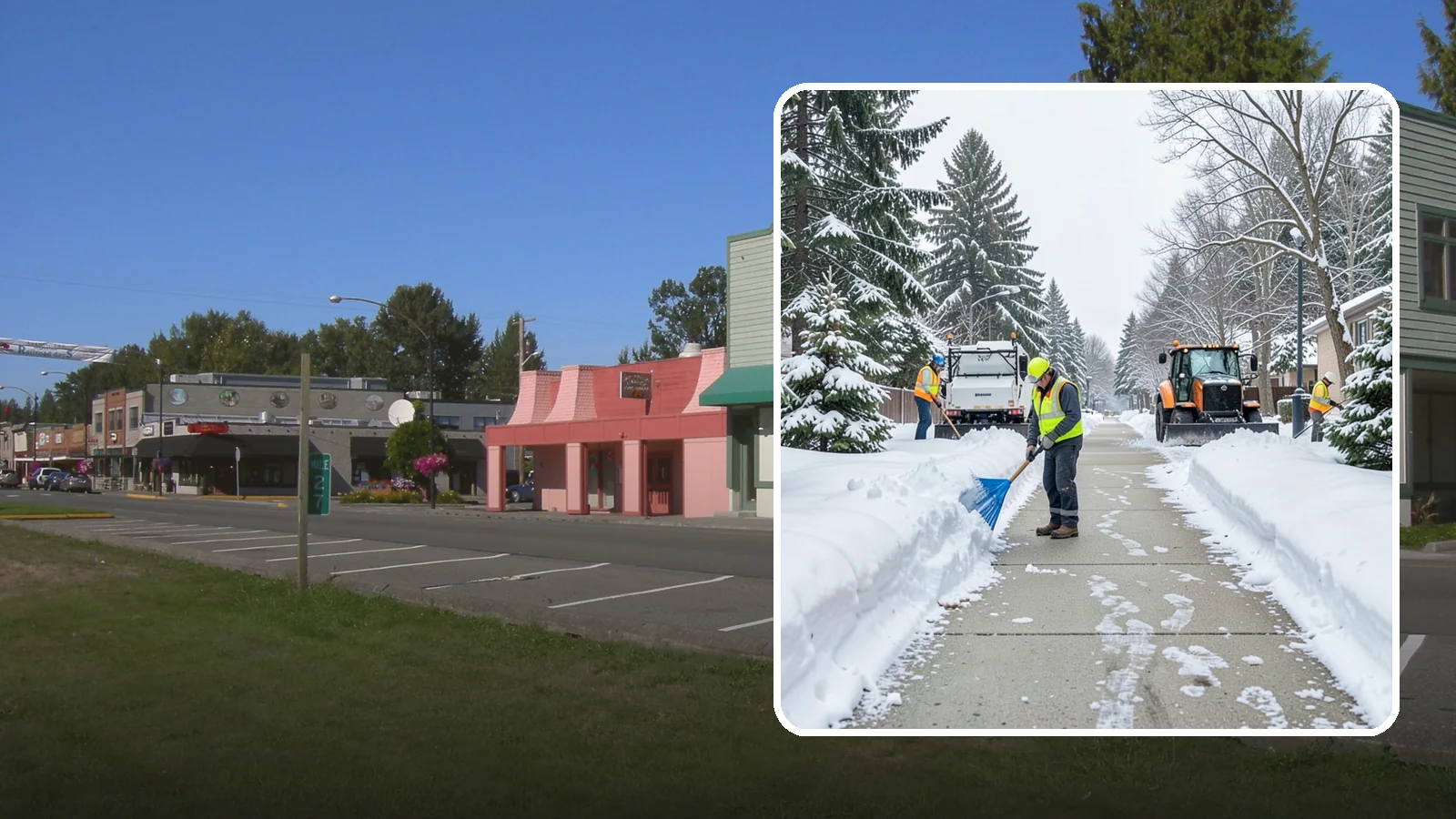 Hotel Sidewalk Clearing in Snoqualmie, King County, WA - Guest-entrance sidewalk clearing for Western Washington hotels, keeping arrival walks, luggage paths, and side entries clear...