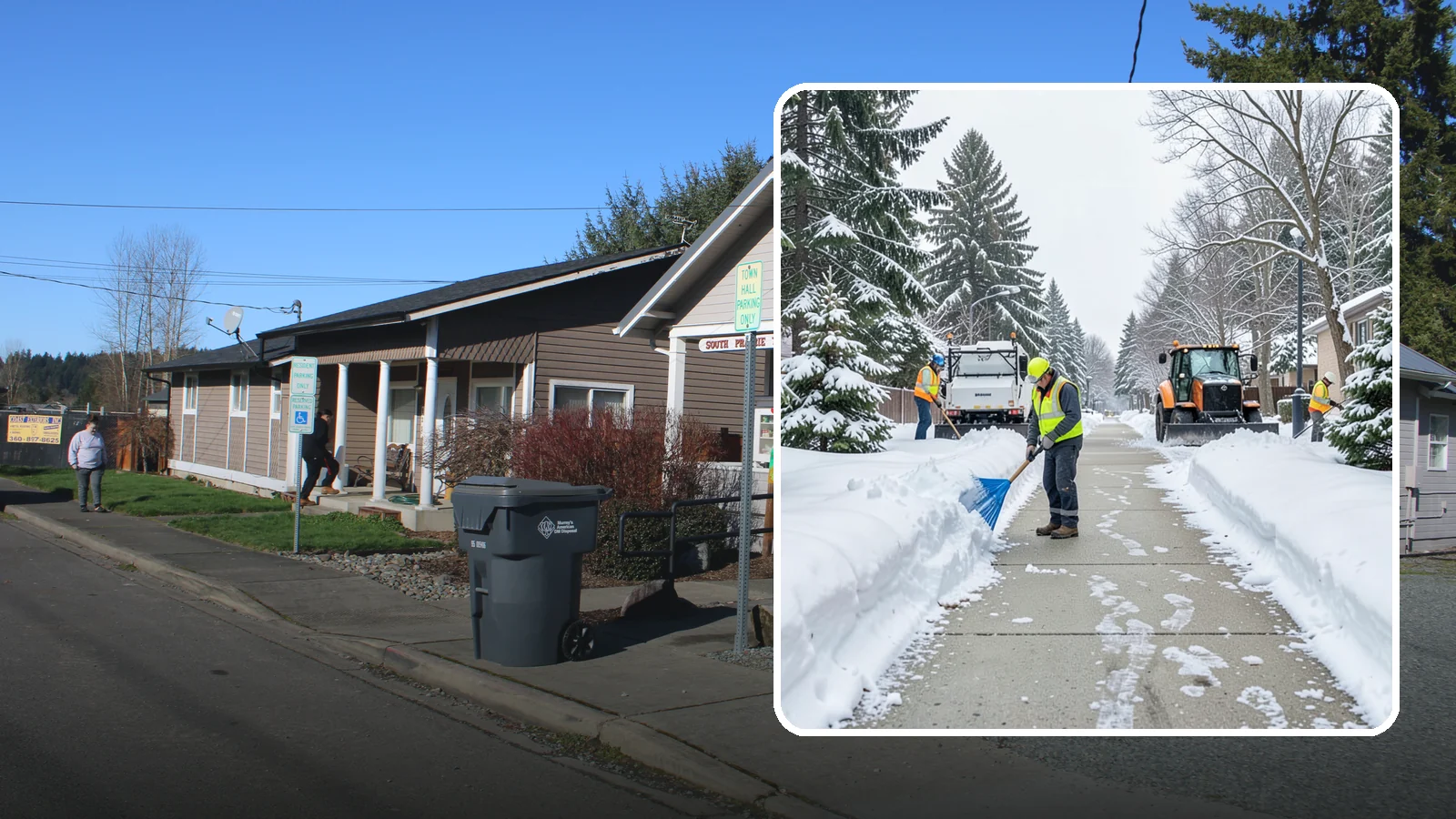 Hotel Sidewalk Clearing in South Prairie, Pierce County, WA - Guest-entrance sidewalk clearing for Western Washington hotels, keeping arrival walks, luggage paths, and side entries clear...