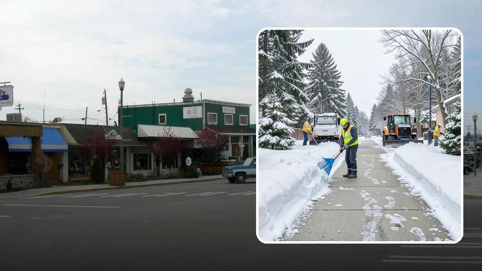 Hotel Sidewalk Clearing in Stanwood, Snohomish County, WA - Guest-entrance sidewalk clearing for Western Washington hotels, keeping arrival walks, luggage paths, and side entries clear...