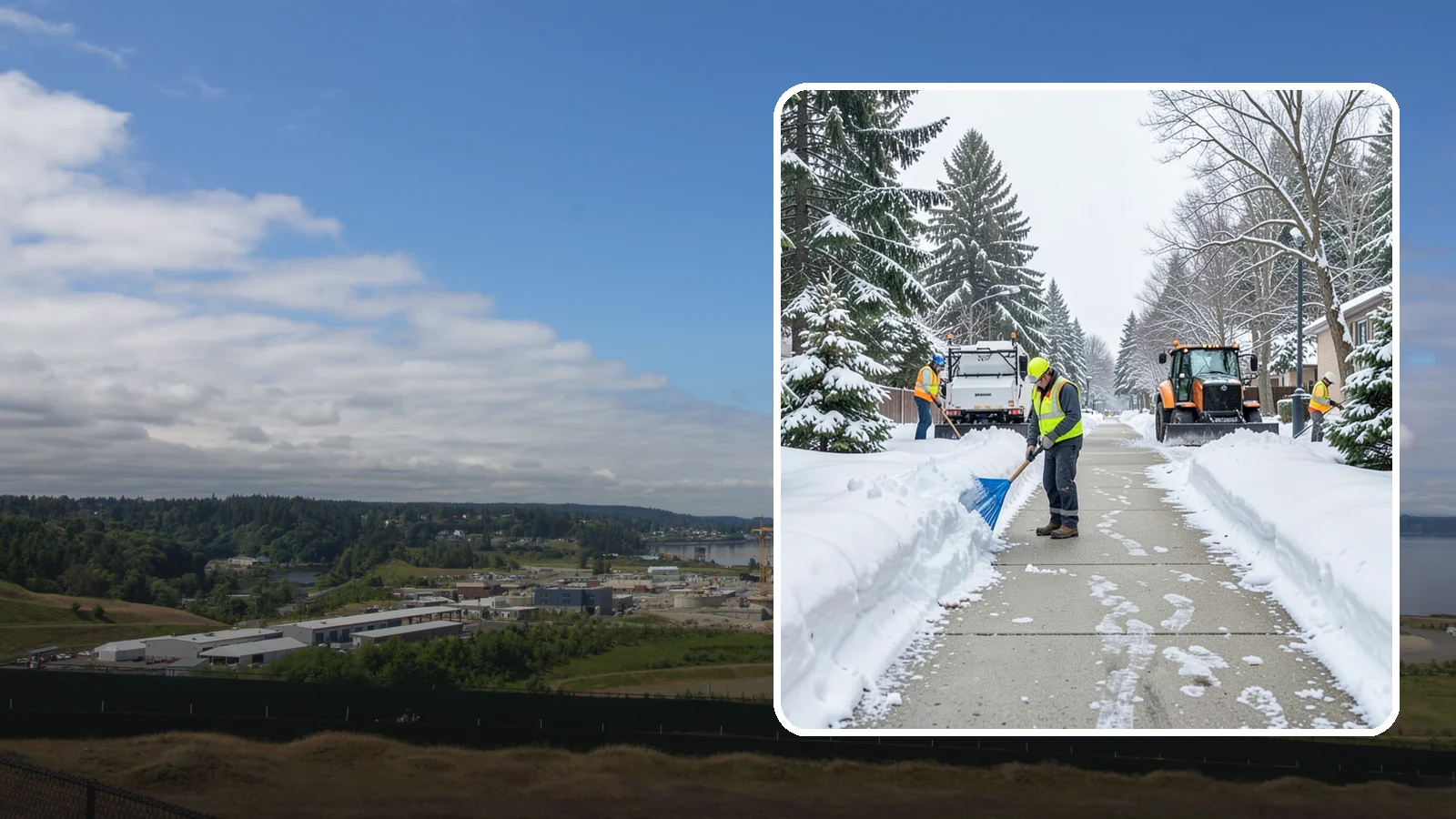 Hotel Sidewalk Clearing in University Place, Pierce County, WA - Guest-entrance sidewalk clearing for Western Washington hotels, keeping arrival walks, luggage paths, and side entries clear...