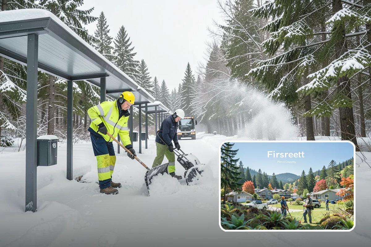 Hotel Snow Plowing in Fircrest, Pierce County, WA - Porte-cochere and guest lot cleared on a 24-hour basis