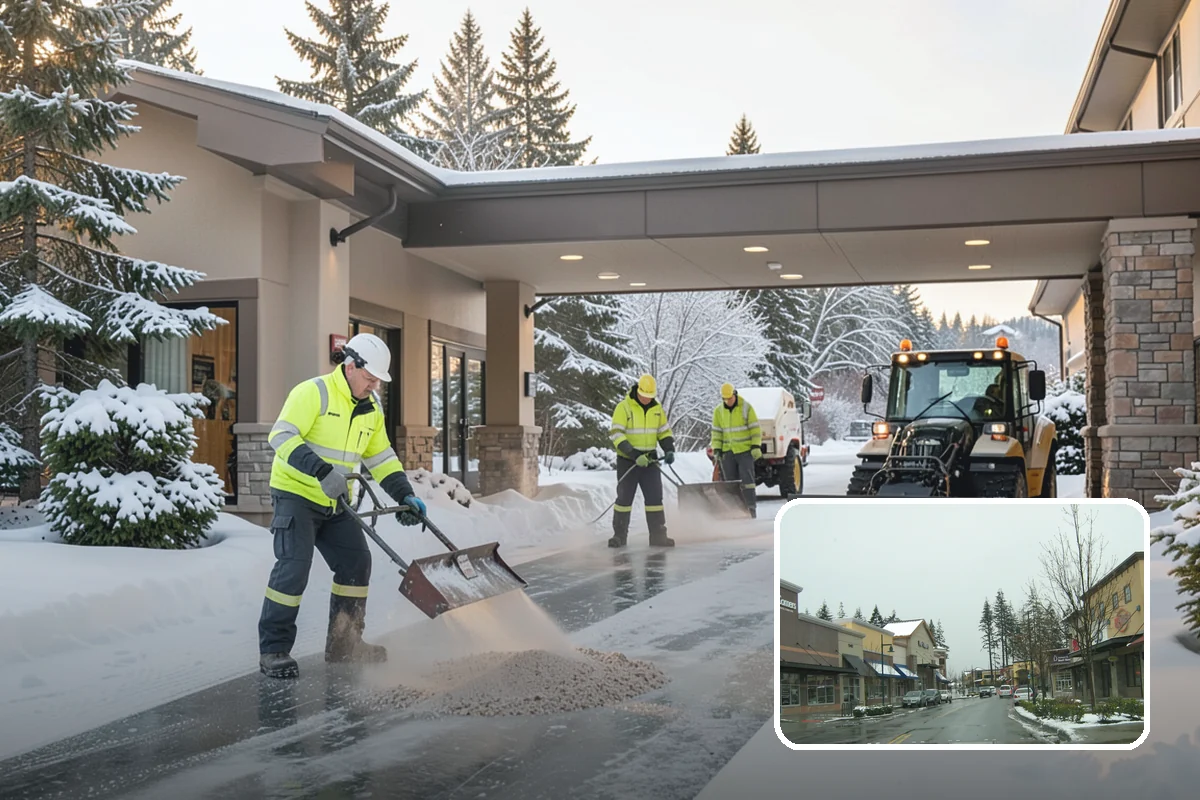 Hotel Snow Plowing in Mill Creek, Snohomish County, WA - Porte-cochere and guest lot cleared on a 24-hour basis