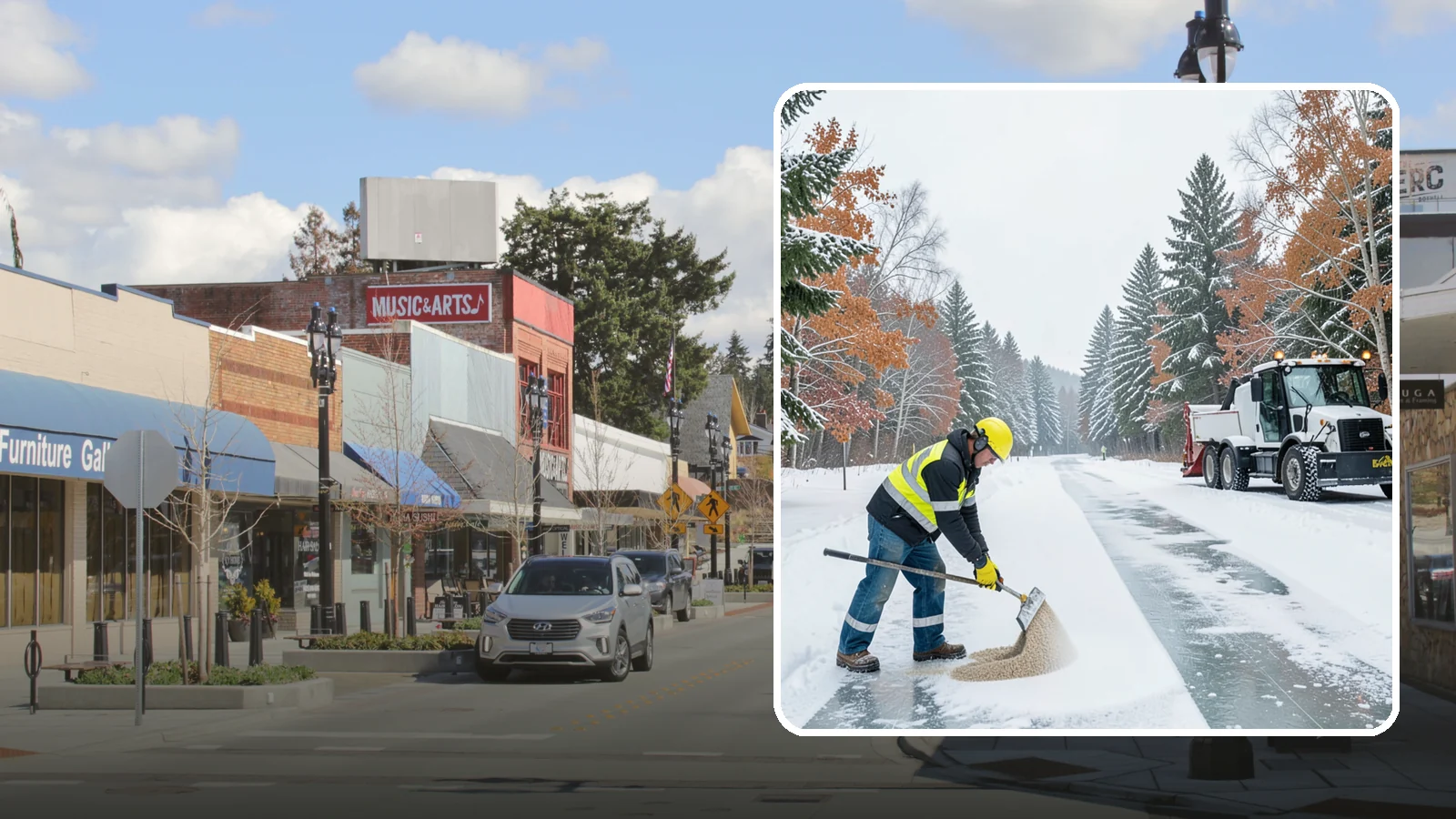 Ice Melt Application in Bothell, King County, WA - Ice melt application dissolves stubborn ice on walkways and entrances using blends matched to Western Washington's near-freezing...