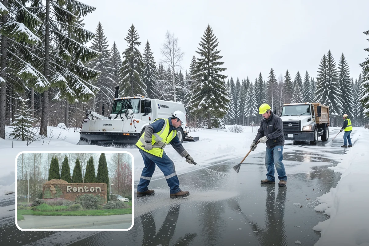 Industrial Facility Parking Lot Snow Removal in Renton, King County, WA - Large lots and truck approaches stay open to protect production