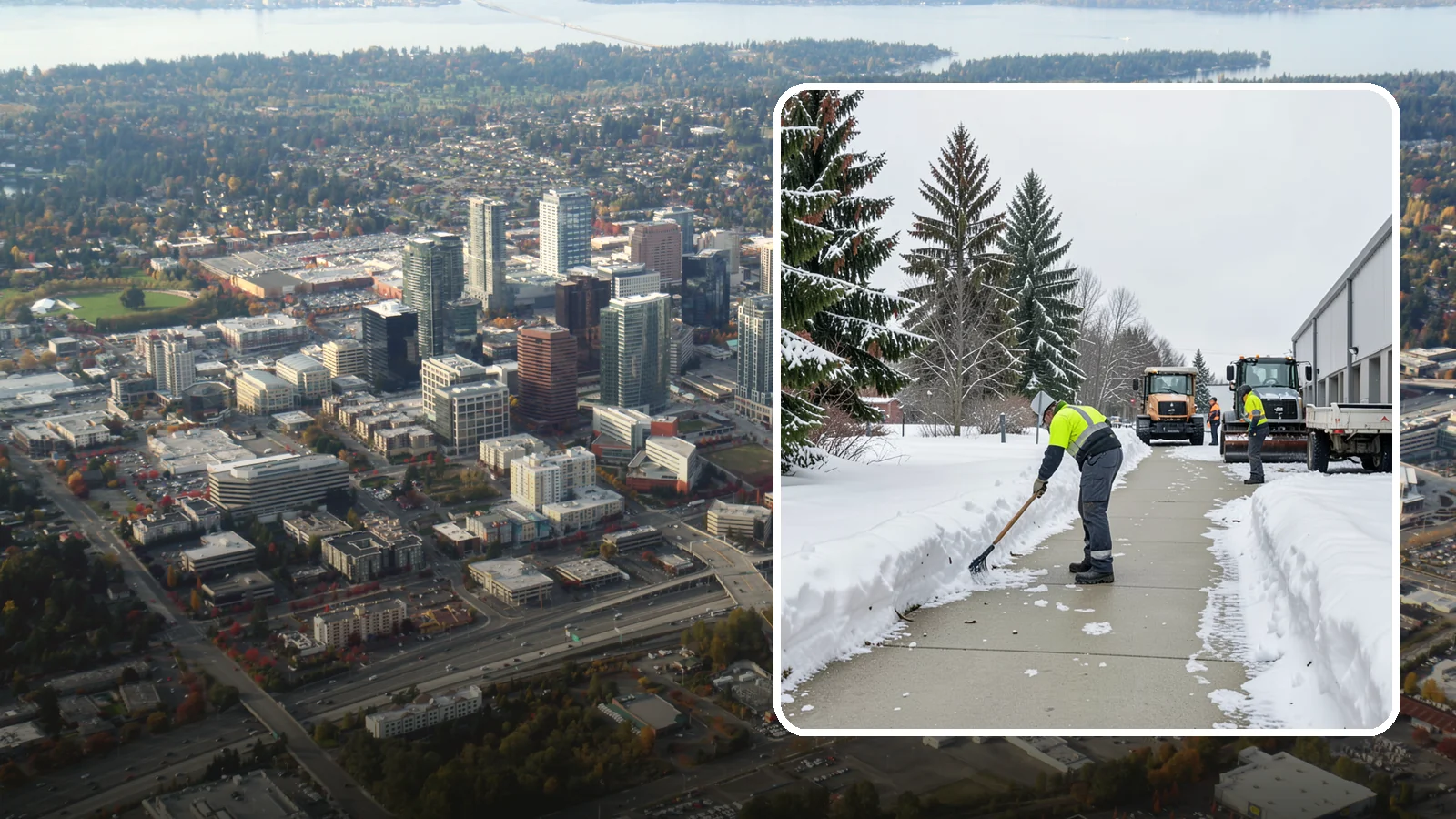 Industrial Facility Sidewalk Clearing in Bellevue, King County, WA - Worker-safety sidewalk clearing for Western Washington industrial facilities, keeping crew walkways between buildings and lots...