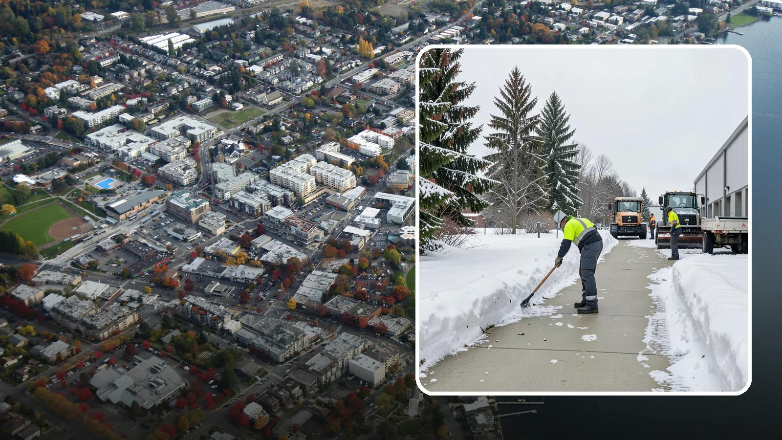 Industrial Facility Sidewalk Clearing in Kirkland, King County, WA - Worker-safety sidewalk clearing for Western Washington industrial facilities, keeping crew walkways between buildings and lots...