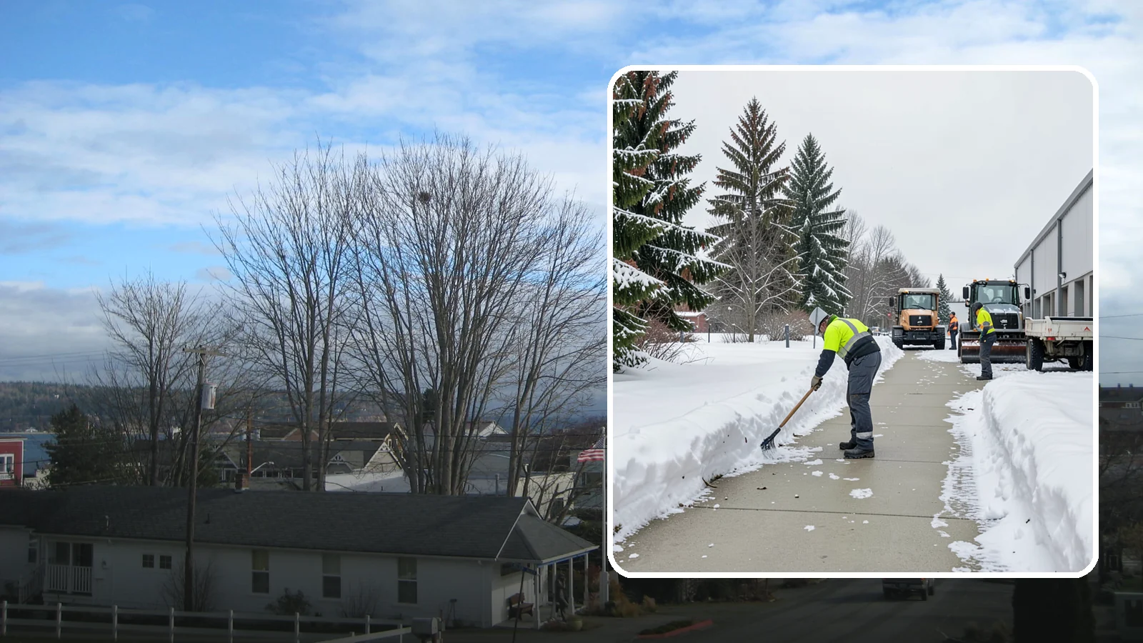 Industrial Facility Sidewalk Clearing in Langley, Island County, WA - Worker-safety sidewalk clearing for Western Washington industrial facilities, keeping crew walkways between buildings and lots...